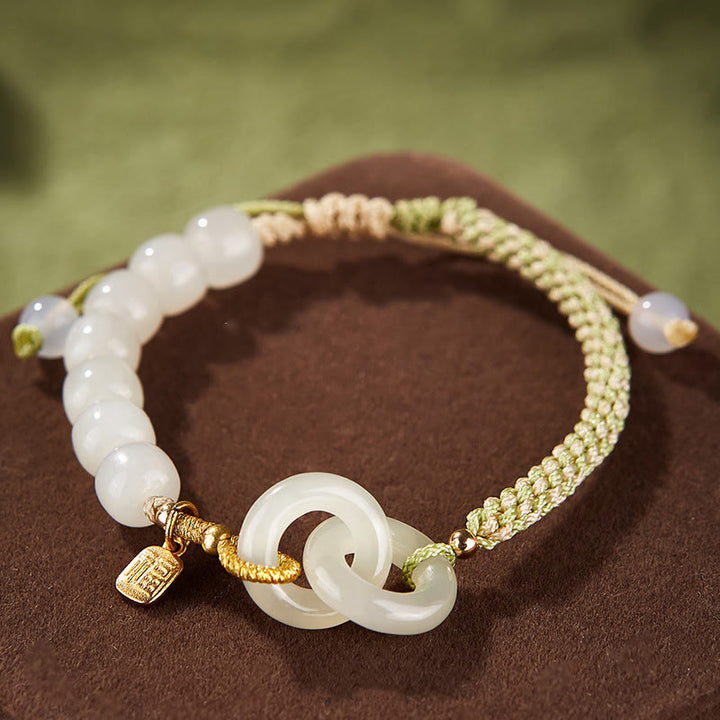 Pulsera trenzada con doble hebilla de paz y cuentas de jade hetiano natural, Buddha Stones, carácter Fu, abundancia
