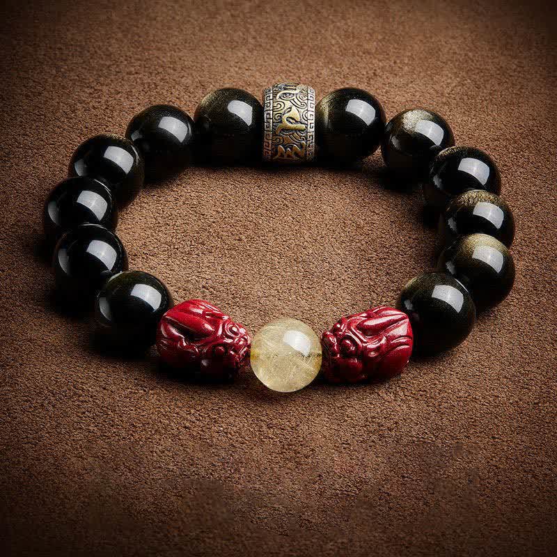 Pulsera de protección Om Mani Padme Hum de cinabrio PiXiu de obsidiana con brillo dorado de Buddha Stones