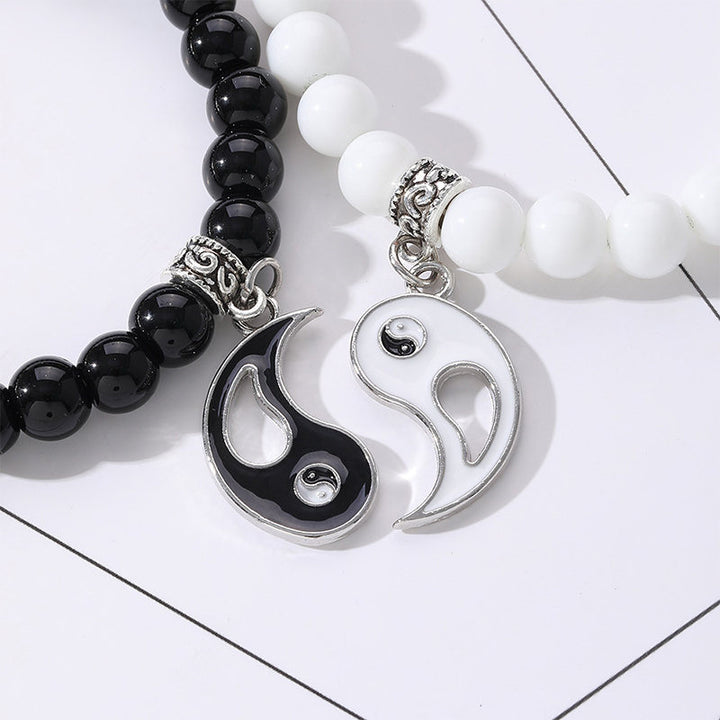 Buddha Stones 2 uds. Pulsera de pareja de protección Yin Yang con cuentas de turquesa blanca y ónix negro