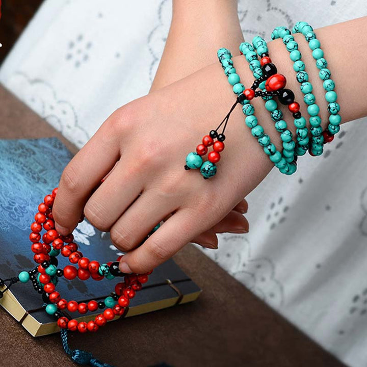 Pulsera de Protección de Cuentas de Turquesa Roja Ónix Negro Turquesa Buddha Stones