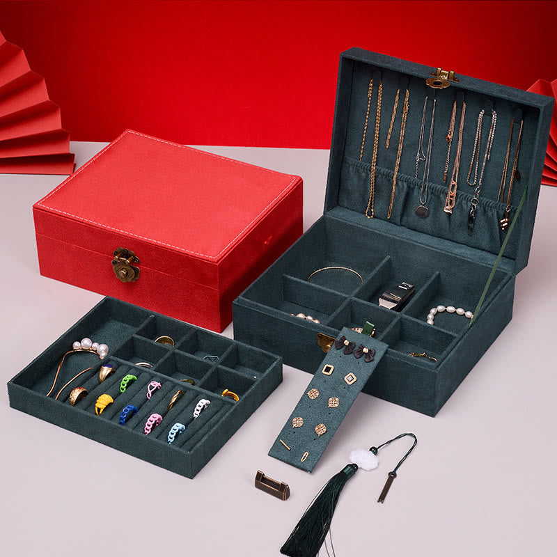 Caja organizadora de joyas de diseño Simple con Buddha Stones, caja de almacenamiento de joyas de dos capas, caja de franela con cerradura - image 7