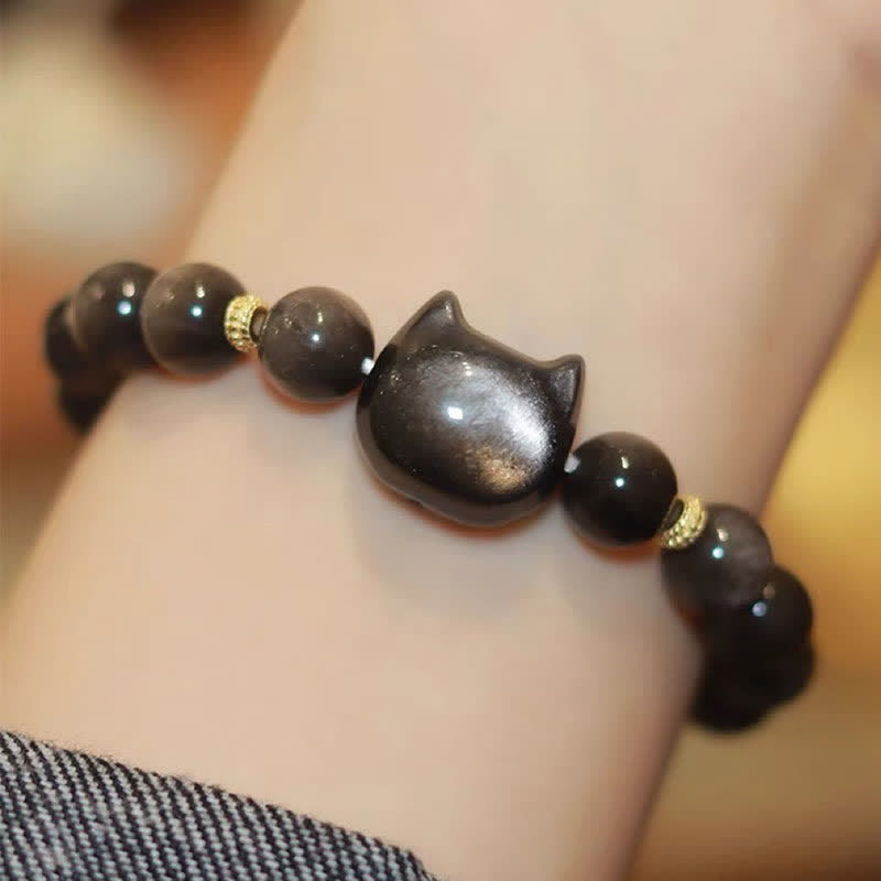 Buddha Stones Obsidiana con brillo dorado Obsidiana con brillo plateado Pata encantadora Pulsera de protección del gato de la suerte - image 32