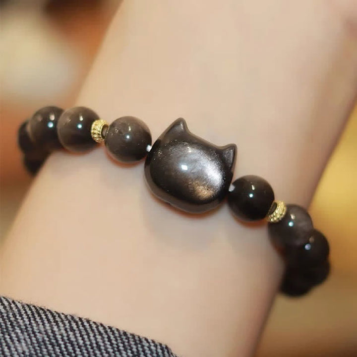 Buddha Stones Obsidiana con brillo dorado Obsidiana con brillo plateado Pata encantadora Pulsera de protección del gato de la suerte - image 32