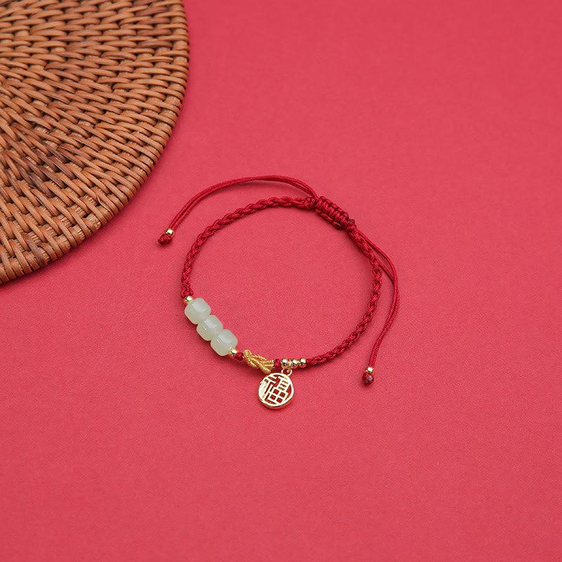 Pulsera de cuerda roja de la suerte con dije de personaje Fu con cuentas de jade hechas a mano con Buddha Stones
