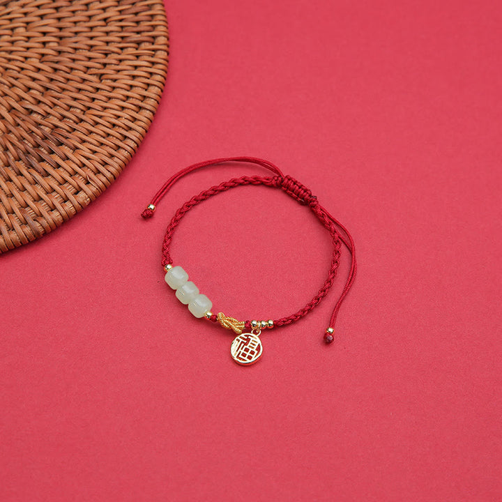 Pulsera de cuerda roja de la suerte con dije de personaje Fu con cuentas de jade hechas a mano con Buddha Stones