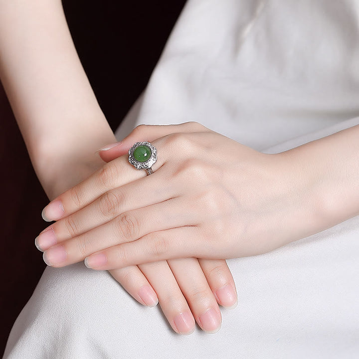 Anillo ajustable de la suerte con diseño de flor de jade cian hetiano de plata de ley 925 con Buddha Stones - image 3