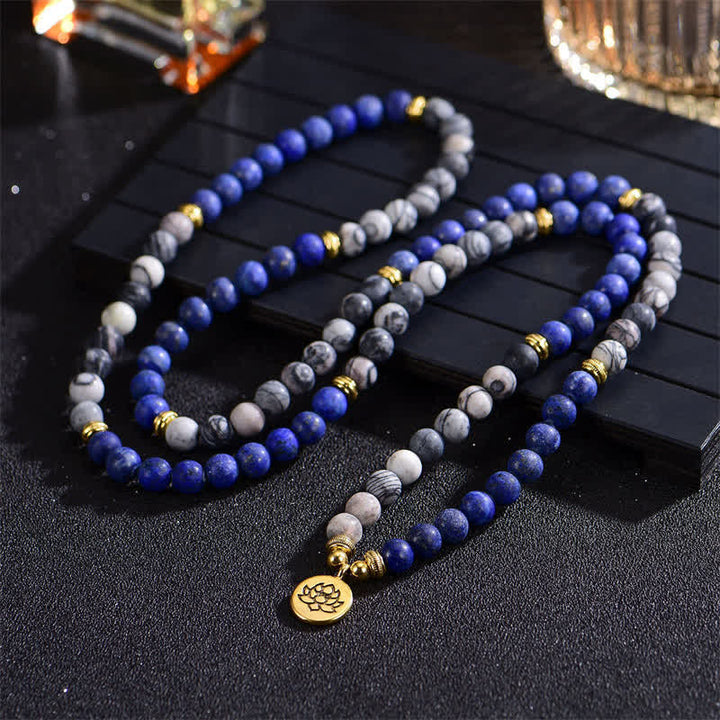 Buddha Stones Lazurita Jaspe Picasso Amazonita Rodonita Apatita Pulsera de cuentas de oración de loto positivo