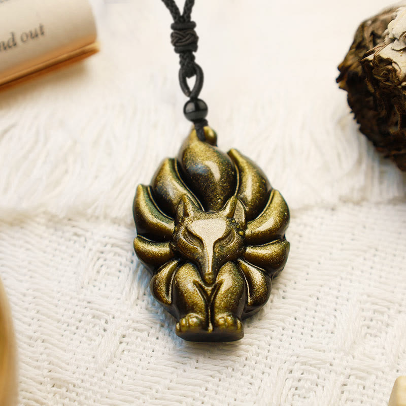 Collar de protección con colgante de zorro de obsidiana con brillo dorado de fluorita natural con Buddha Stones