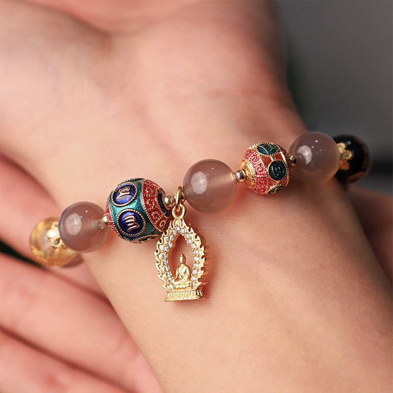 Buddha Stones Ágata gris natural Cinco direcciones Dioses de la riqueza Om Mani Padme Hum Pulsera con dijes de Buda