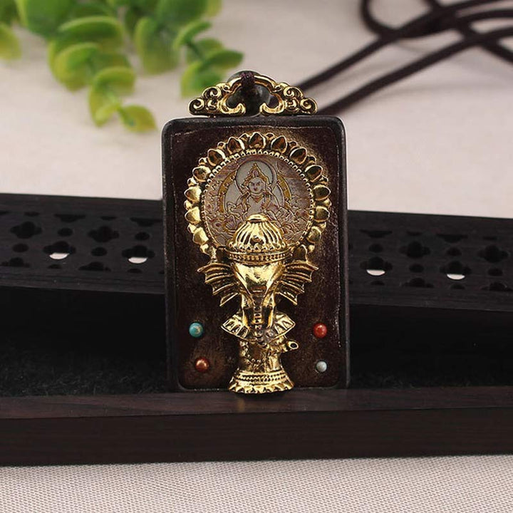 Colgante de cuerda con collar de bendición de Buda, Dios de la fortuna, elefante de madera de ébano