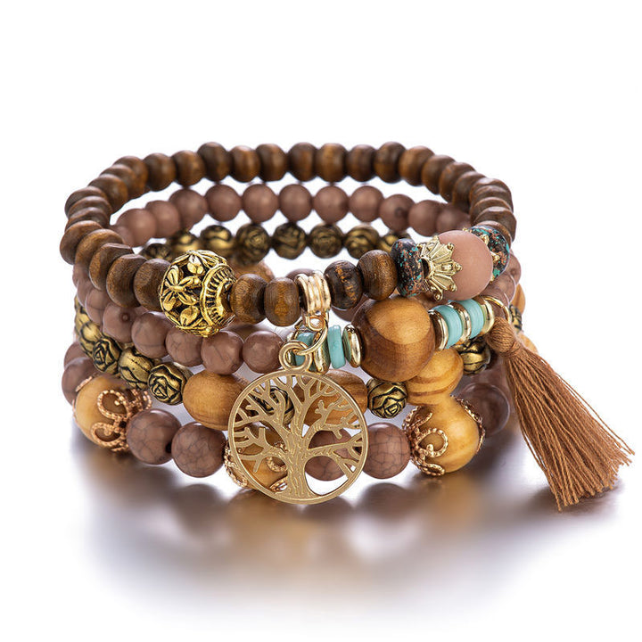 Pulsera curativa con borlas de árbol en capas de madera de wengué