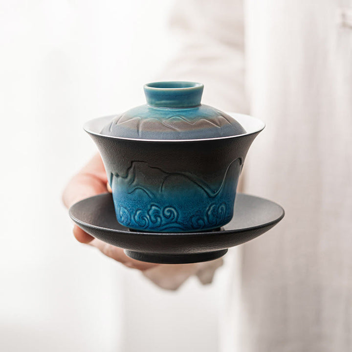 Taza de té de cerámica con gradiente de olas del mar, Retro Azul de Buddha Stones , Gaiwan Sancai, taza de té de Kung Fu y platillo con tapa