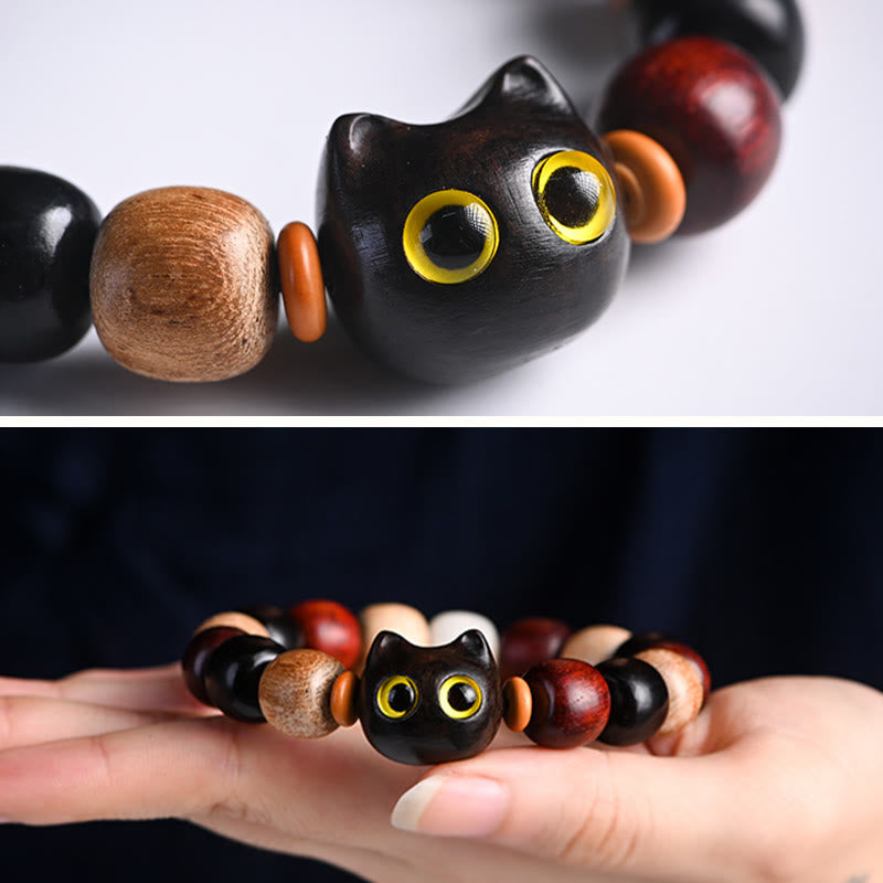 Pulsera de protección con grabado de gato lindo de madera de ébano de sándalo rojo de hoja pequeña con Buddha Stones - image 9