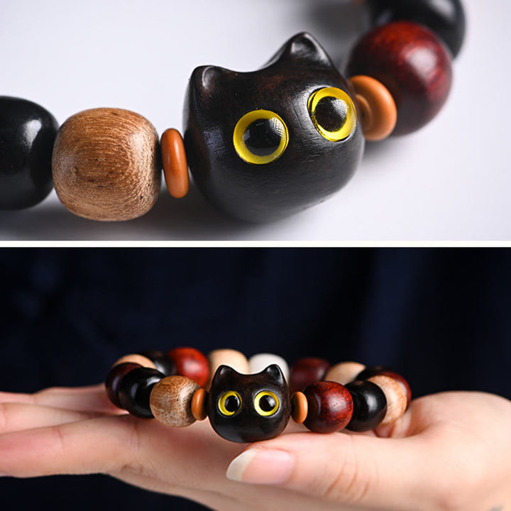 Pulsera de protección con grabado de gato lindo de madera de ébano de sándalo rojo de hoja pequeña con Buddha Stones - image 9