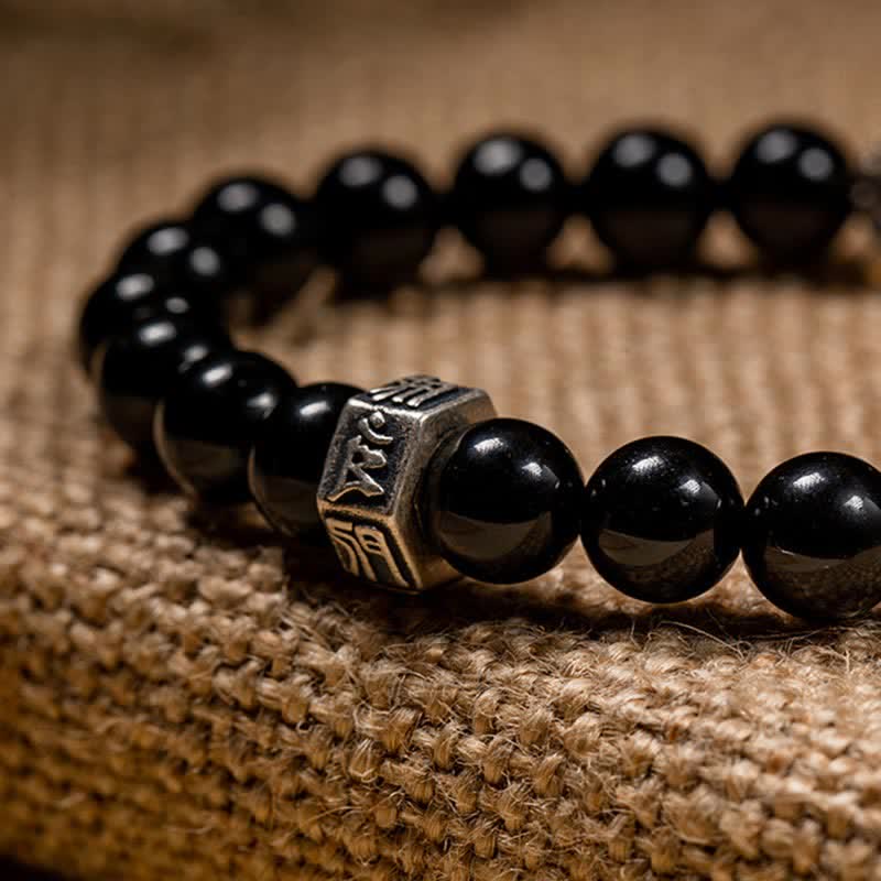 Pulsera de fuerza de piedra lunar de obsidiana negra de plata de ley 925 con Buda natal del zodíaco chino