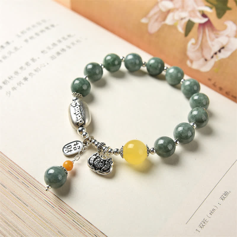 Pulsera de éxito de ámbar, jade cian y plata de ley 925