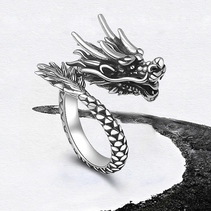 Anillo ajustable de plata de ley 990 con Buddha Stones , diseño de dragón vintage, protección de la suerte y fuerza - image 4