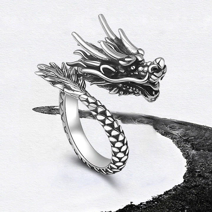 Anillo ajustable de plata de ley 990 con Buddha Stones , diseño de dragón vintage, protección de la suerte y fuerza - image 4