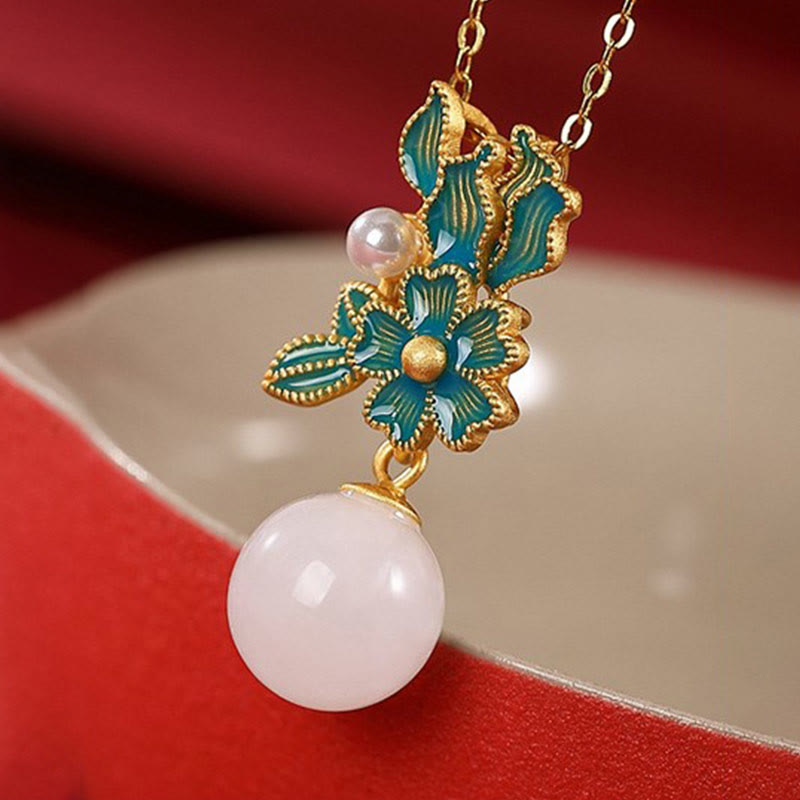 Buddha Stones Jade blanco Plata de ley 925 Perla Flor Bendición Collar Colgante Anillo Pendientes