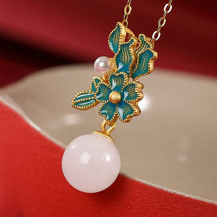 Buddha Stones Jade blanco Plata de ley 925 Perla Flor Bendición Collar Colgante Anillo Pendientes