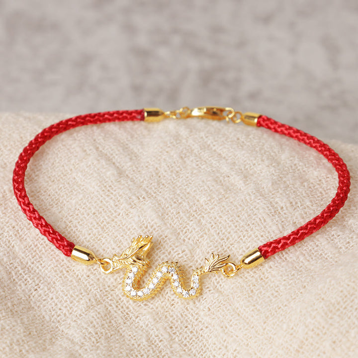 Pulsera de cadena de cuerda roja de la suerte del dragón dorado del Año del Dragón de Plata de Ley 925 con piedras de Buda