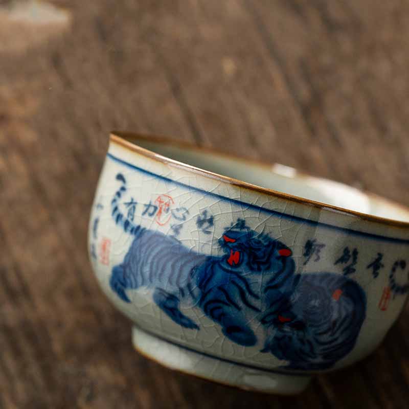 Buddha Stones Jingdezhen pintado a mano lindo tigre taza de té de cerámica Kung Fu taza de té tazón 140ml
