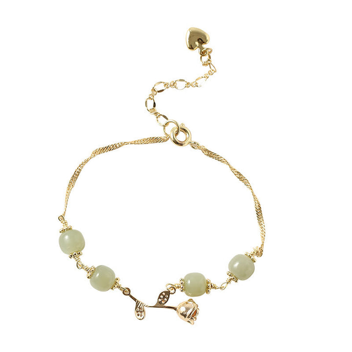 Pulsera de cadena de la suerte con flor de rosa dorada y jade hetiano chapado en oro de 14 Buddha Stones