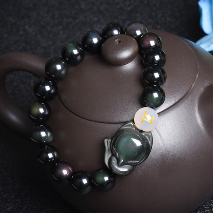 Buddha Stones Natural Arco Iris Obsidiana Oro Brillo Obsidiana Plata Brillo Obsidiana Zorro Curación Pulsera