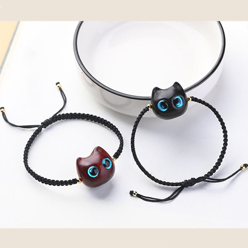 Pulsera trenzada con Buddha Stones, hoja pequeña, sándalo rojo, madera de ébano, cabeza de gato bonita, protección tranquila - image 19