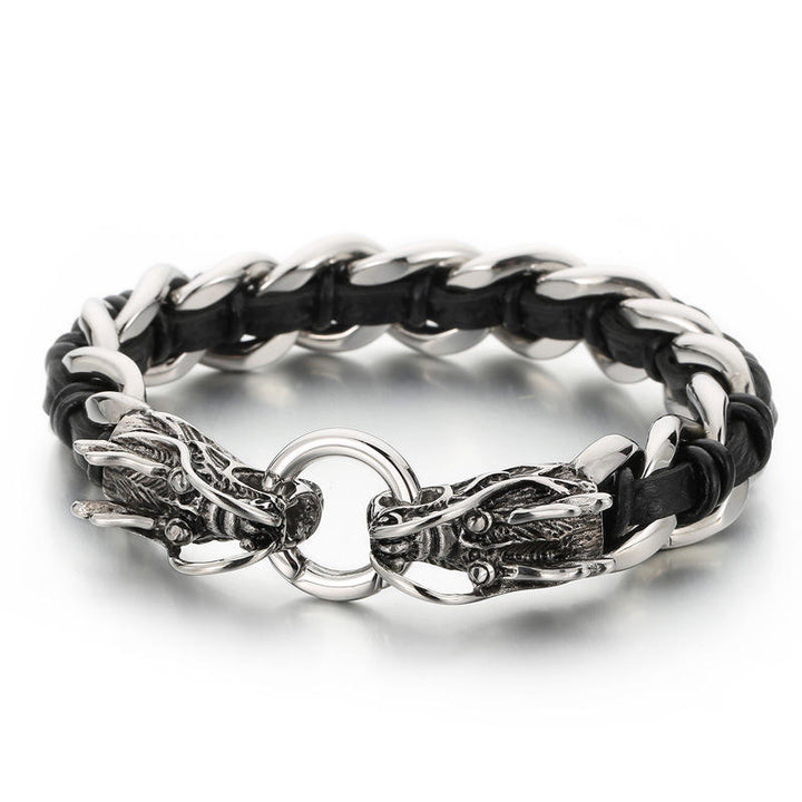 Pulsera trenzada de la suerte con protección de acero titanio y cuero de dragón