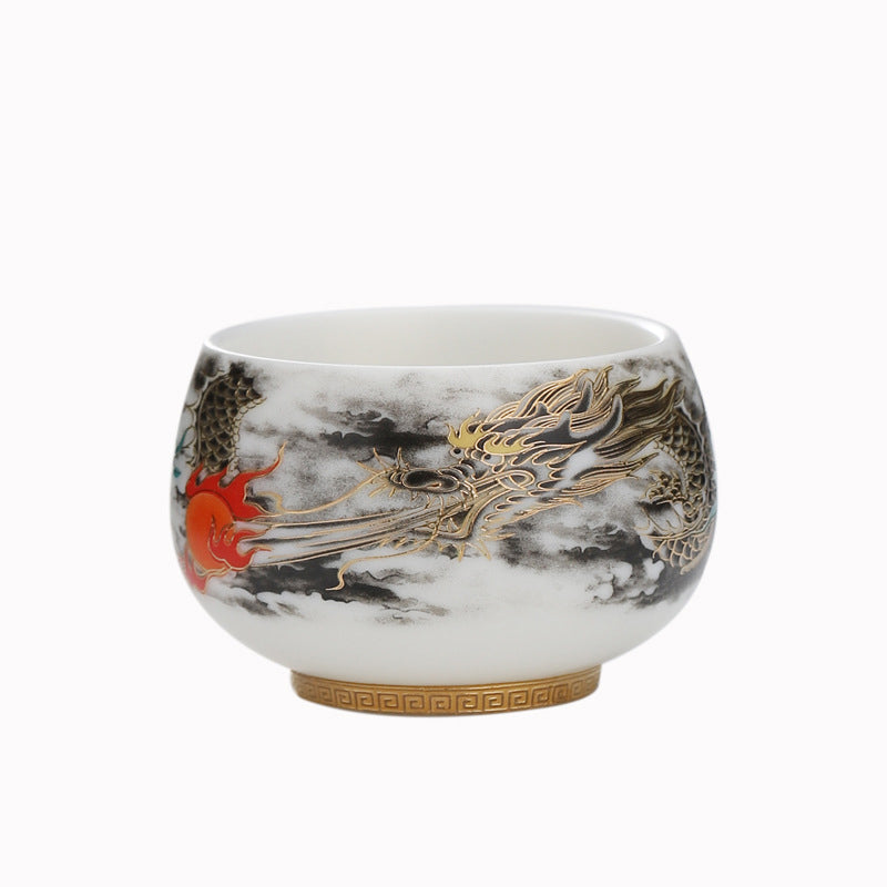 Taza de té de cerámica de porcelana blanca con diseño de dragón jugando con Buddha Stones, taza de té de Kung Fu de 160ml