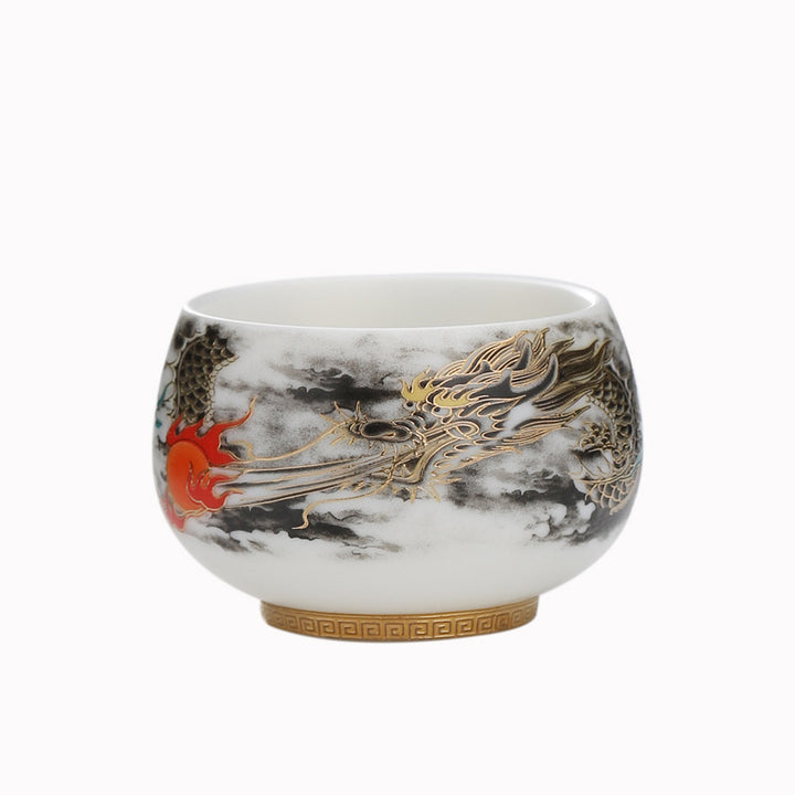 Taza de té de cerámica de porcelana blanca con diseño de dragón jugando con Buddha Stones, taza de té de Kung Fu de 160ml