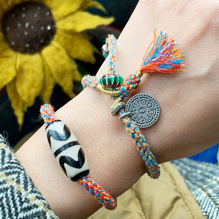 Pulsera trenzada de protección de cuentas Dzi hecha a mano Om Mani Padme Hum de plata de ley 925 tibetana