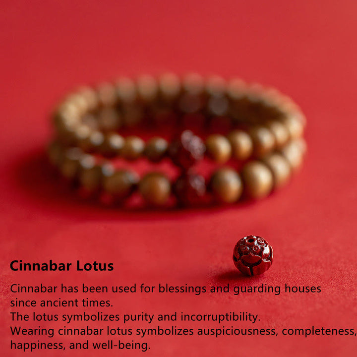Pulsera de riqueza y suerte con Buddha Stones, madera de melocotón, loto, cinabrio
