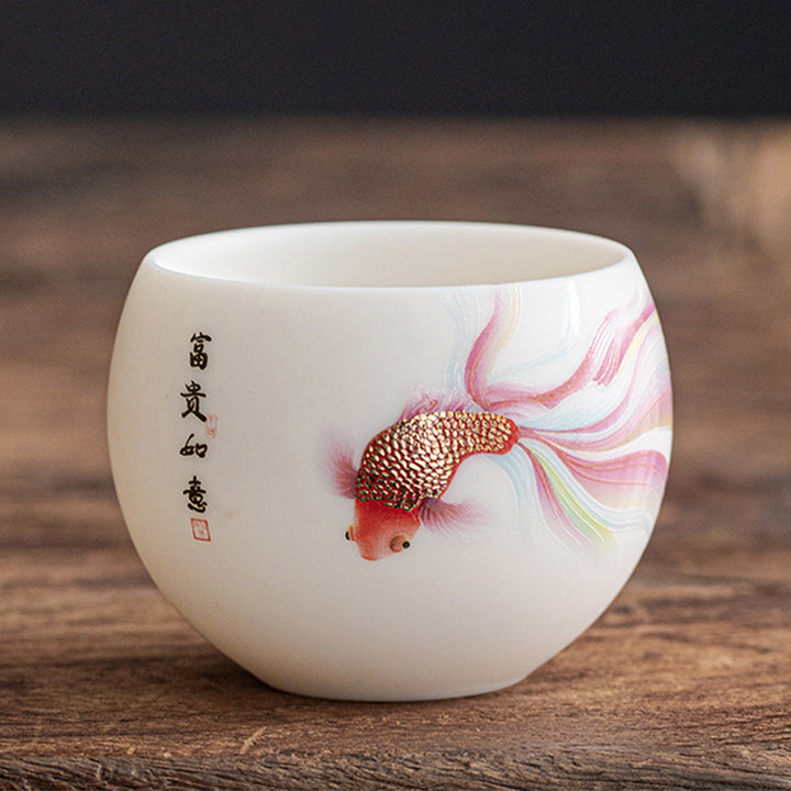 Taza de té de cerámica de porcelana blanca, pez Koi, Buddha Stones, taza de té de Kung Fu