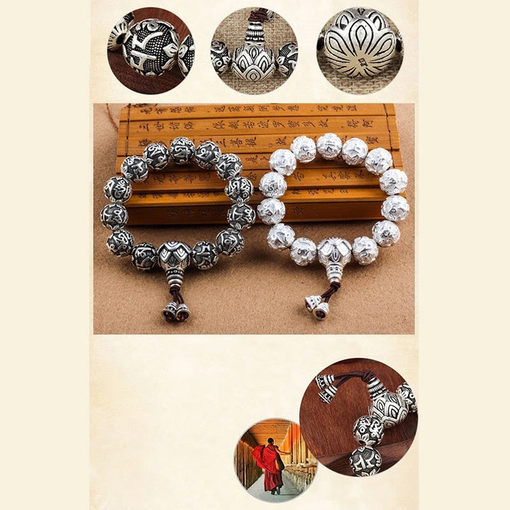 Pulsera de amuleto de cuentas de aleación tallada Om Mani Padme Hum tibetano con Buddha Stones