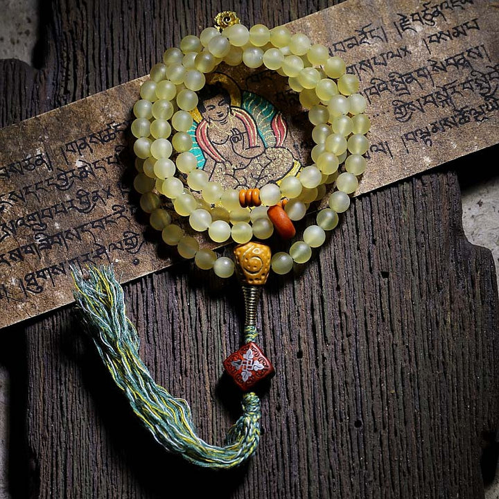 Pulsera de la suerte con 108 cuentas de Mala, cuerno de oveja del Tíbet, ámbar