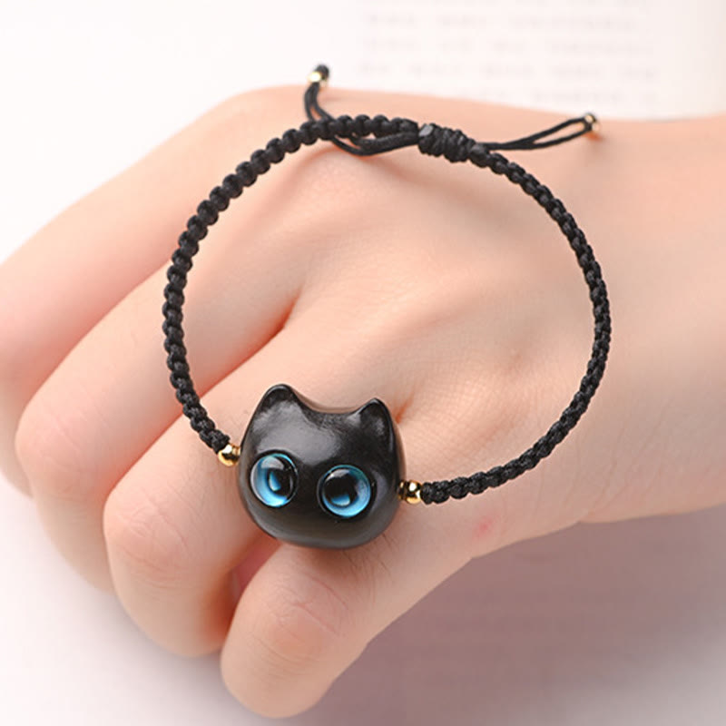 Pulsera trenzada con Buddha Stones, hoja pequeña, sándalo rojo, madera de ébano, cabeza de gato bonita, protección tranquila - image 14