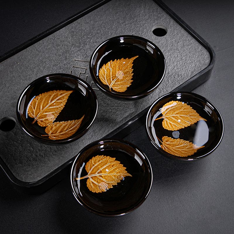 Buddha Stones, hoja de arce dorada, taza de té de cerámica china Jianzhan, tazón de taza de té Tenmoku Kung Fu