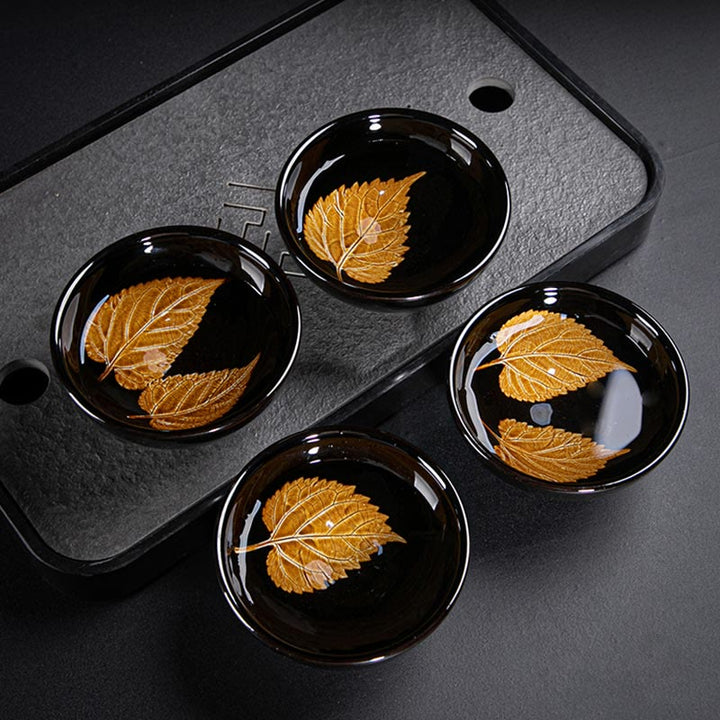 Buddha Stones, hoja de arce dorada, taza de té de cerámica china Jianzhan, tazón de taza de té Tenmoku Kung Fu