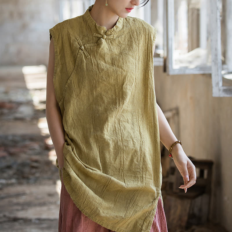 Camiseta sin mangas con botones de rana de lino y ramio teñida anudada hecha a mano con Buddha Stones