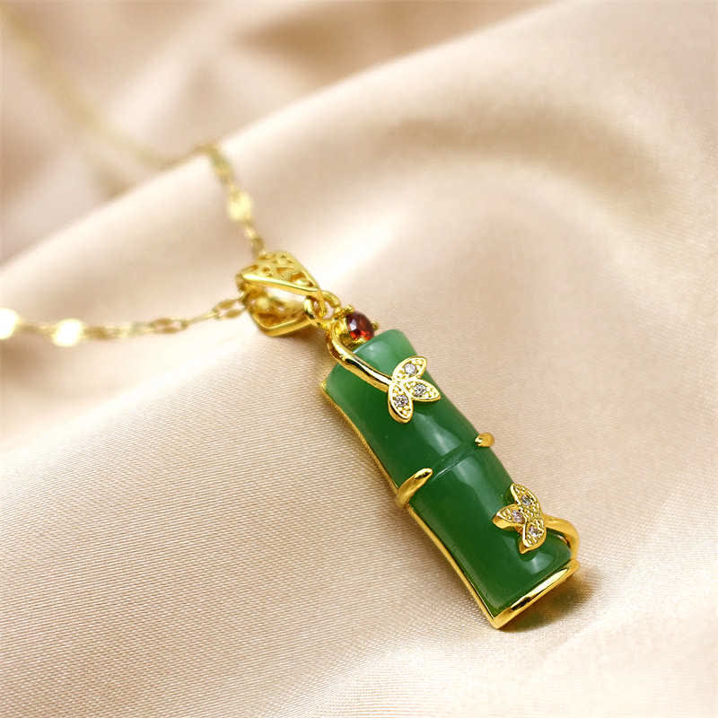 Colgante de collar de protección de la suerte de bambú con Buddha Stones, Jade blanco, cian, Jade