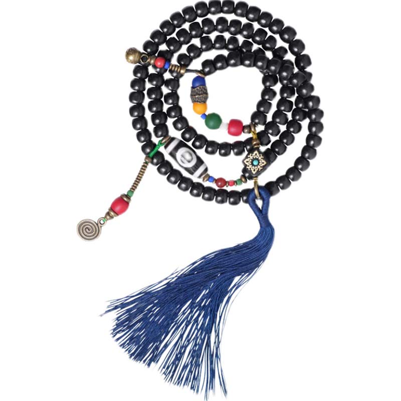 Buddha Stones 108 cuentas Mala madera de ébano cuentas Dzi cobre equilibrio borla pulsera