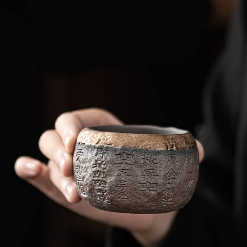 Taza de té de cerámica grabada con Sutra del corazón de Buddha Stones, taza de té de Kung Fu de 130ml