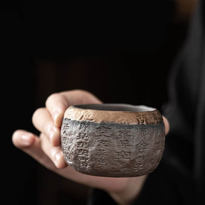 Taza de té de cerámica grabada con Sutra del corazón de Buddha Stones, taza de té de Kung Fu de 130ml