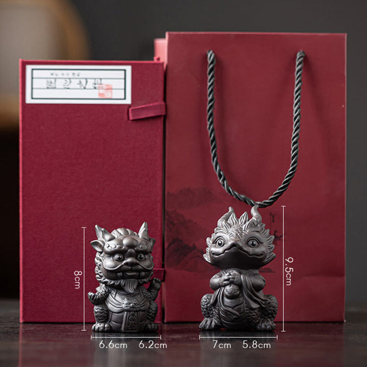 Buddha Stones, dragón de la suerte, riqueza, té, mascota, figura decorativa de arcilla púrpura, decoración - Rey Dragón + Chica Dragón (Un par de figuras negras y una caja de regalo) - image 29