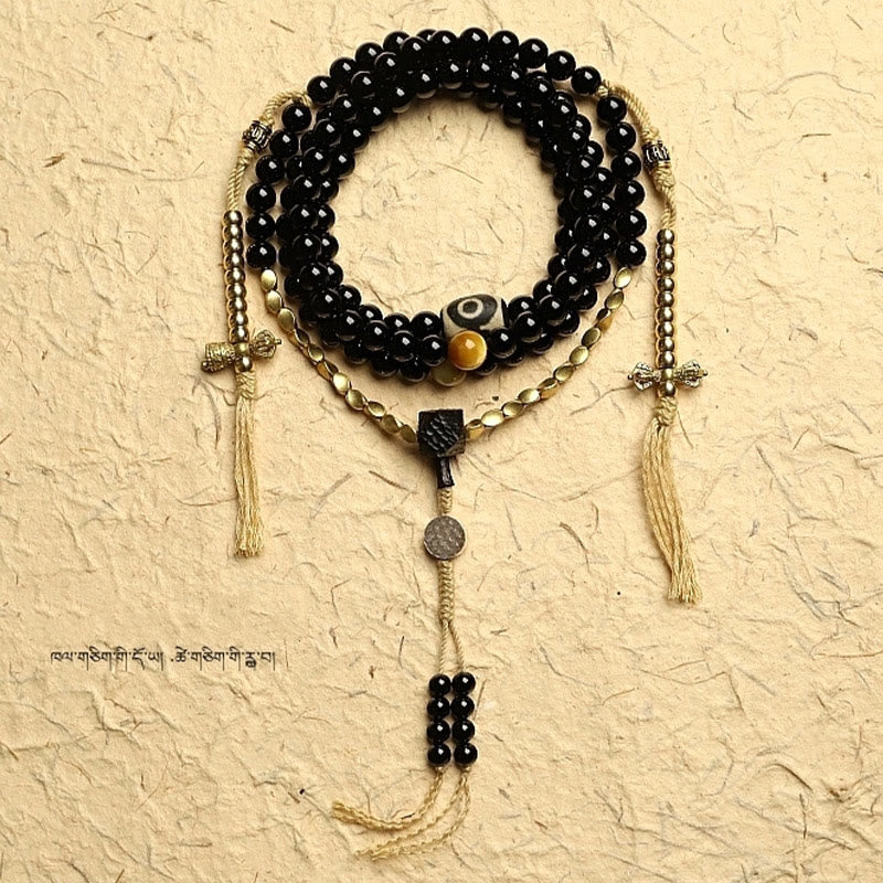 Pulsera de protección de cuentas Dzi de tres ojos de ónix negro con cuentas tibetanas de 108 Mala