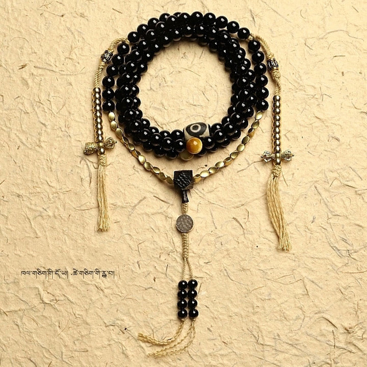 Pulsera de protección de cuentas Dzi de tres ojos de ónix negro con cuentas tibetanas de 108 Mala