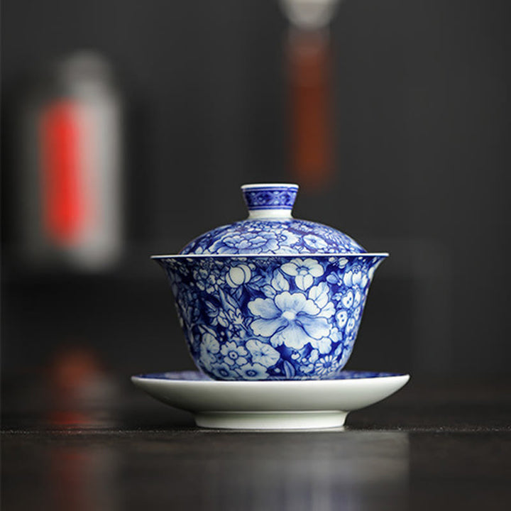 Taza de té y platillo de cerámica Gaiwan Sancai, porcelana azul y blanca Vintage, Buddha Stones , Kung Fu, con tapa