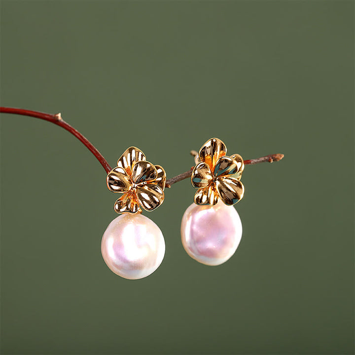 Pendientes colgantes curativos de flores de perlas barrocas naturales de plata de ley 925 con Buddha Stones